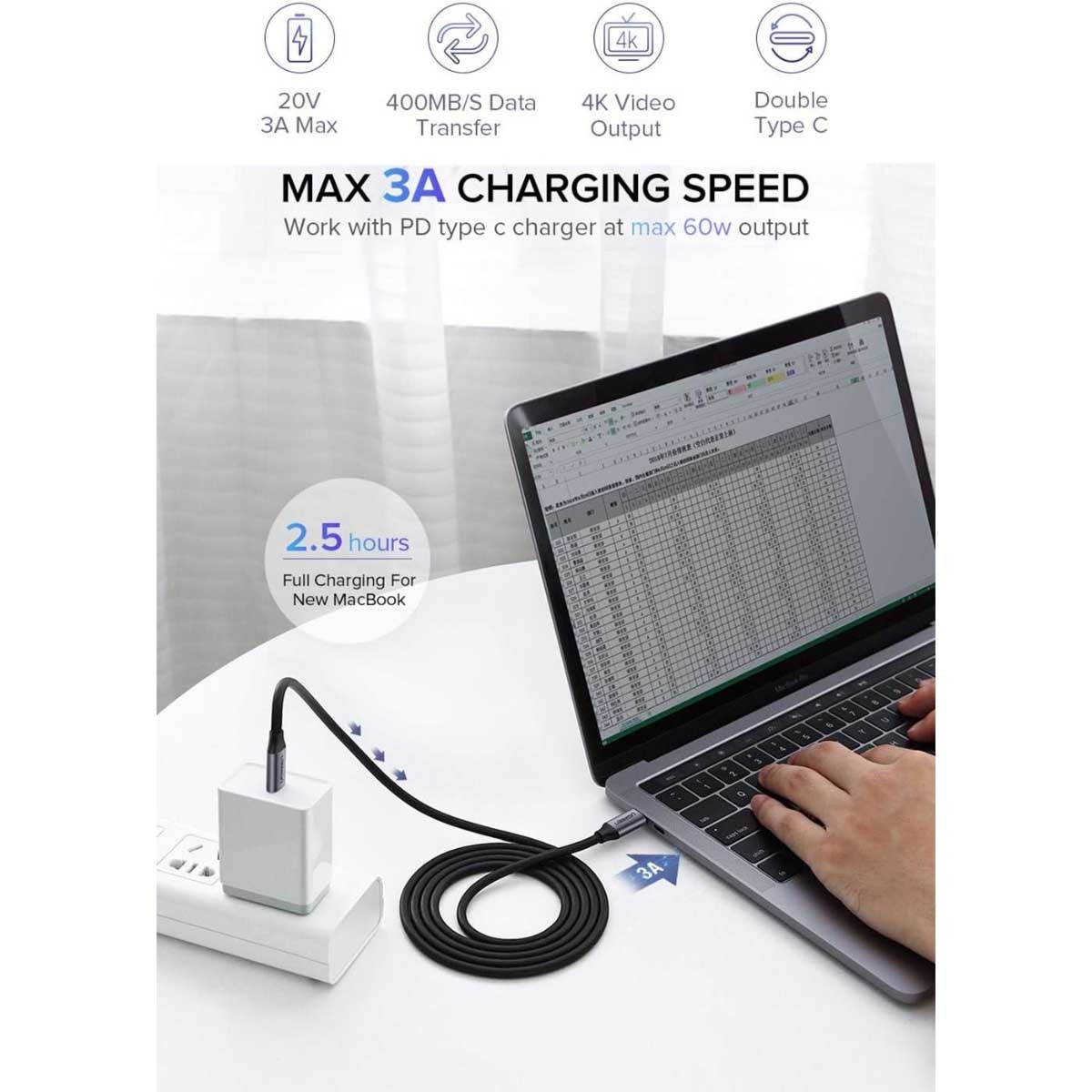 يوجرين كابل USB-C إلى USB-C أسود بطول 1.5m