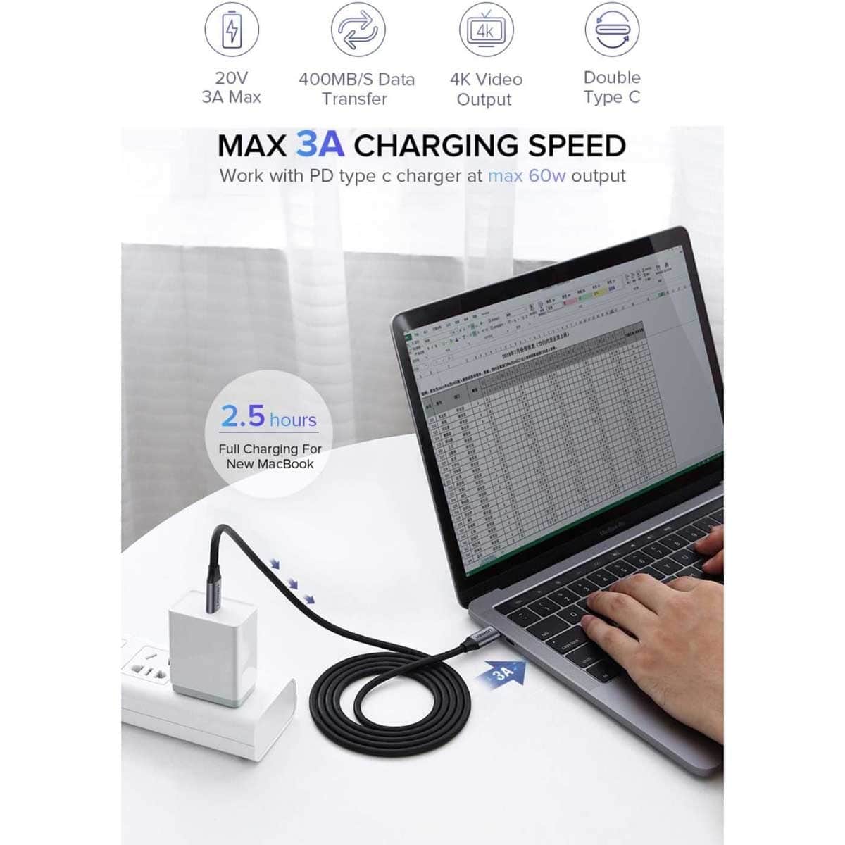 يوجرين كابل USB-C إلى USB-C أسود بطول 1.5m