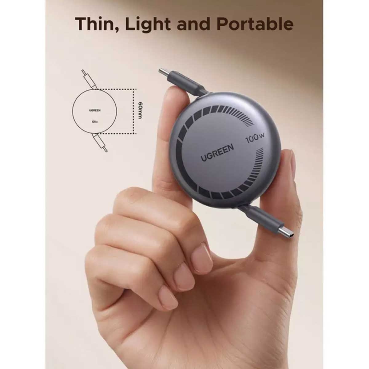 UGREEN Black 1m 100W Retractable USB-C Cable