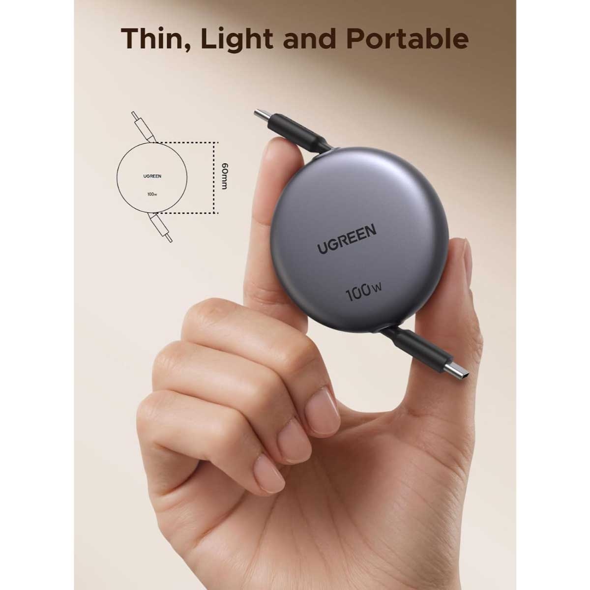 UGREEN Black 1m 100W Retractable USB-C Cable