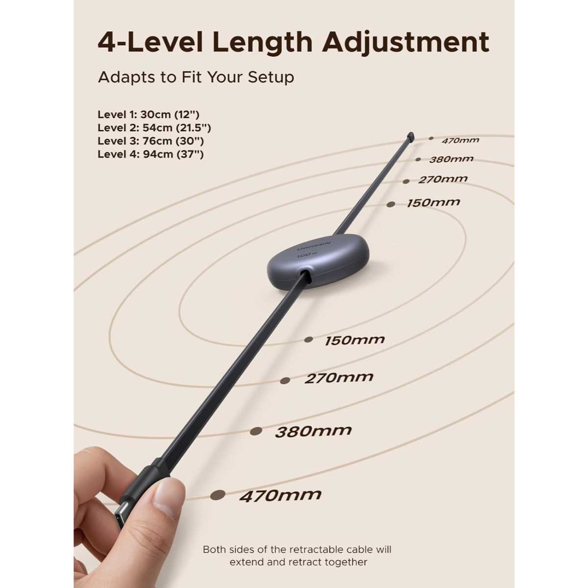 UGREEN Black 1m 100W Retractable USB-C Cable