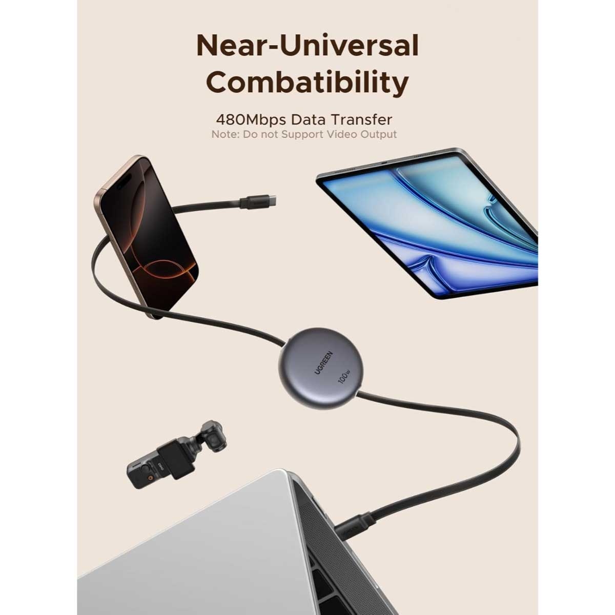 UGREEN Black 1m 100W Retractable USB-C Cable