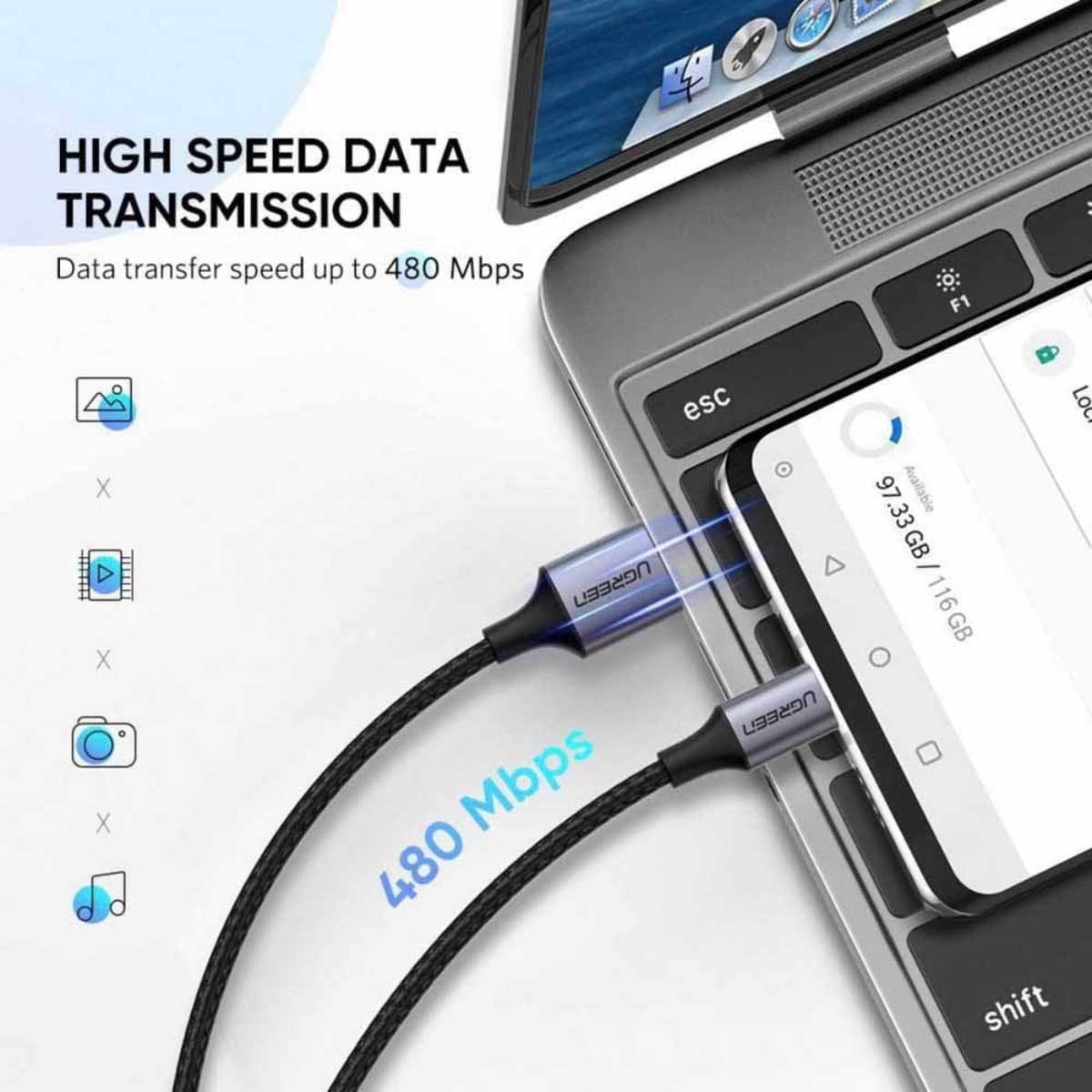 يوجرين US288 كابل USB-A إلى USB-C بقدرة 3A