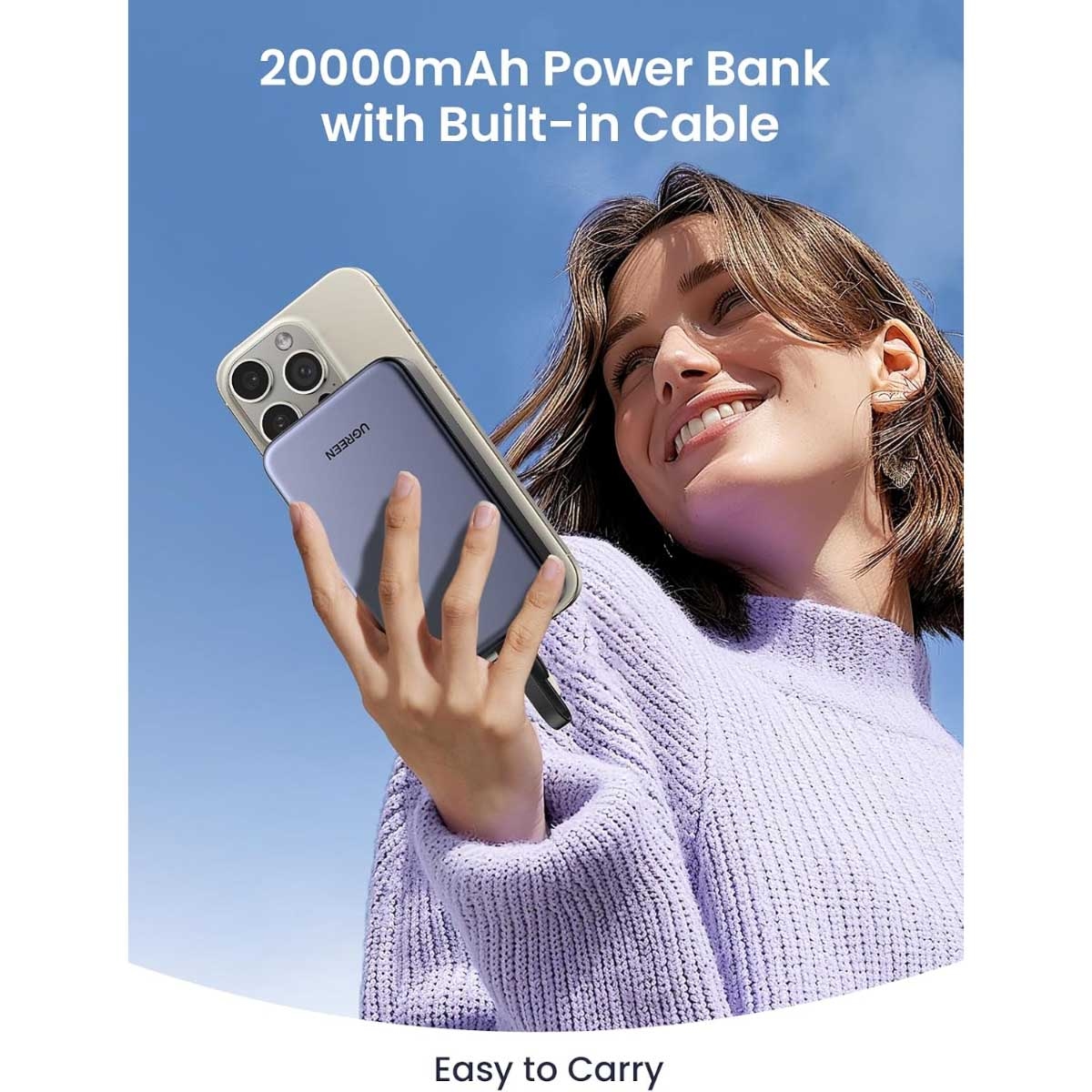 يوجرين باور بانك 20000mAh بقدرة 22.5W مع كابل USB-C مدمج