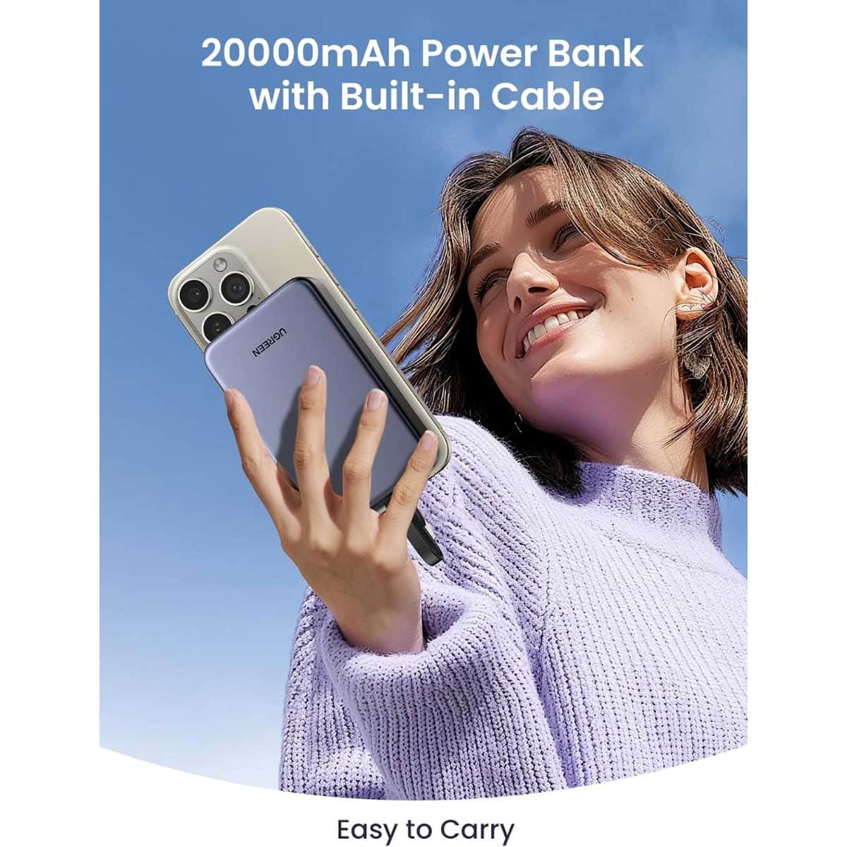 يوجرين باور بانك 20000mAh بقدرة 22.5W مع كابل USB-C مدمج