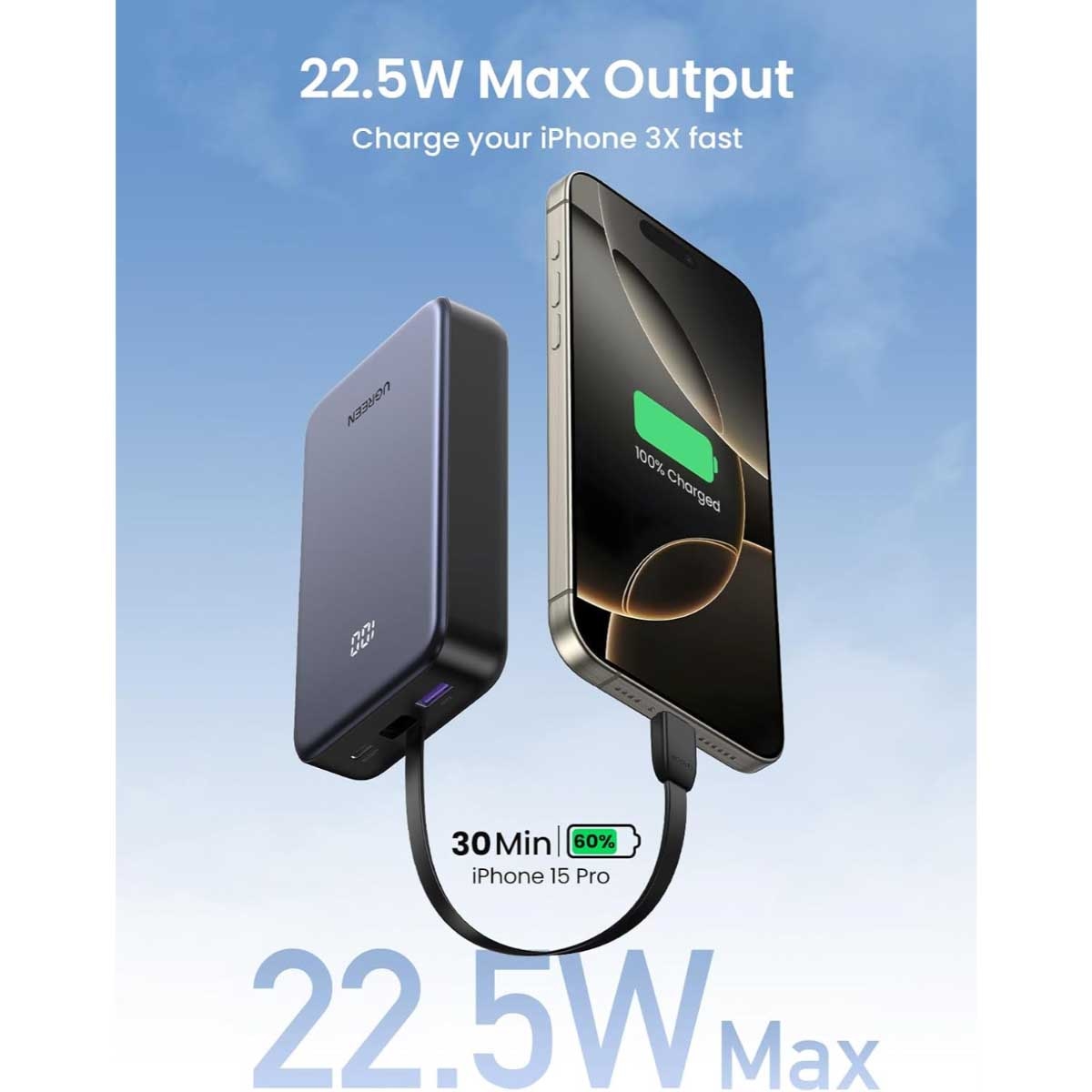 يوجرين باور بانك 20000mAh بقدرة 22.5W مع كابل USB-C مدمج