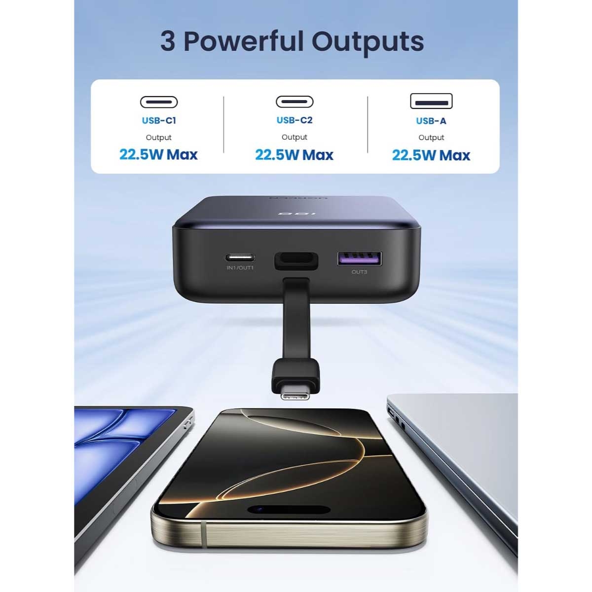 يوجرين باور بانك 20000mAh بقدرة 22.5W مع كابل USB-C مدمج