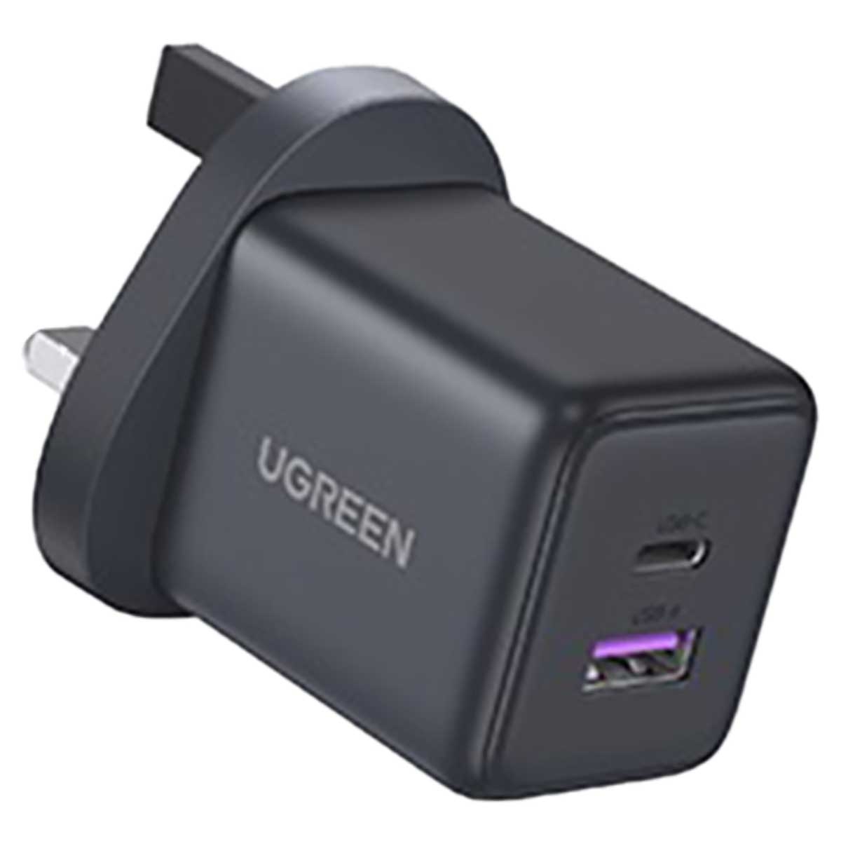 يوجرين شاحن حائط USB-C ثنائي المنافذ أسود بقدرة 30W