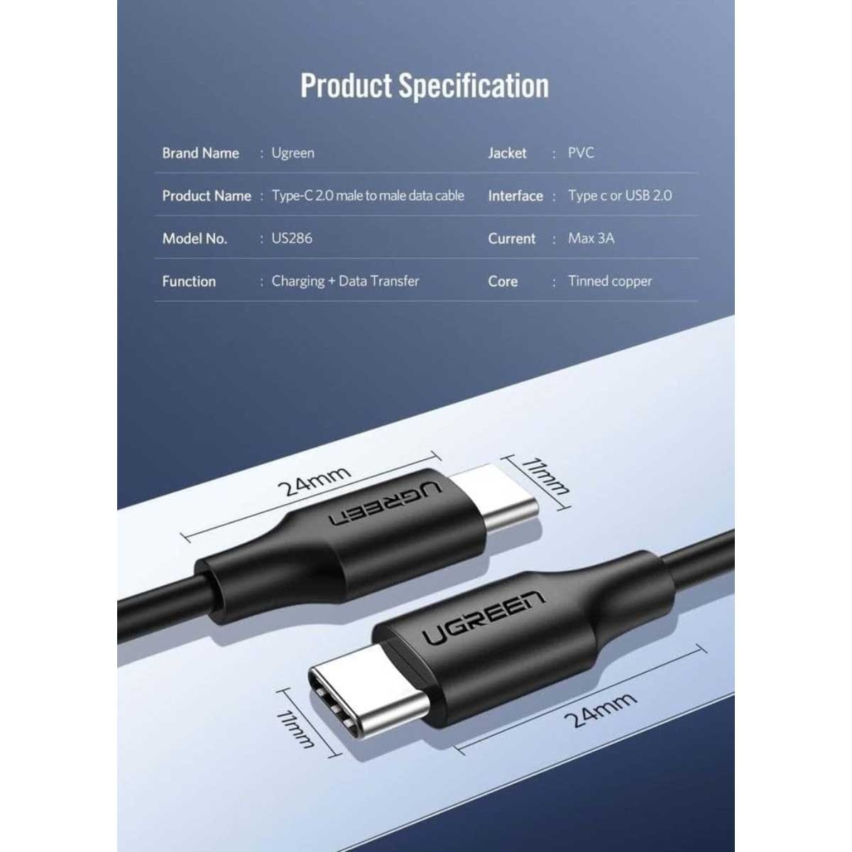 UGREEN Black 3m US286 3A USB-C to USB-C Cable