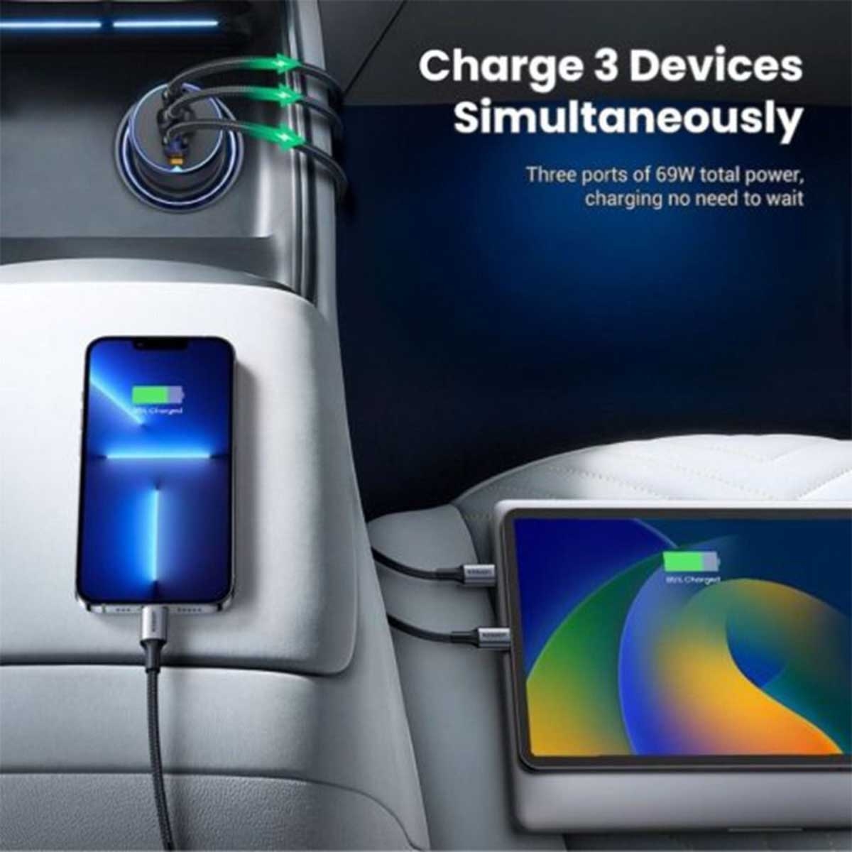 يوجرين EC703 أسود شاحن سيارة بقدرة 75W مع 3 منافذ 2C1A
