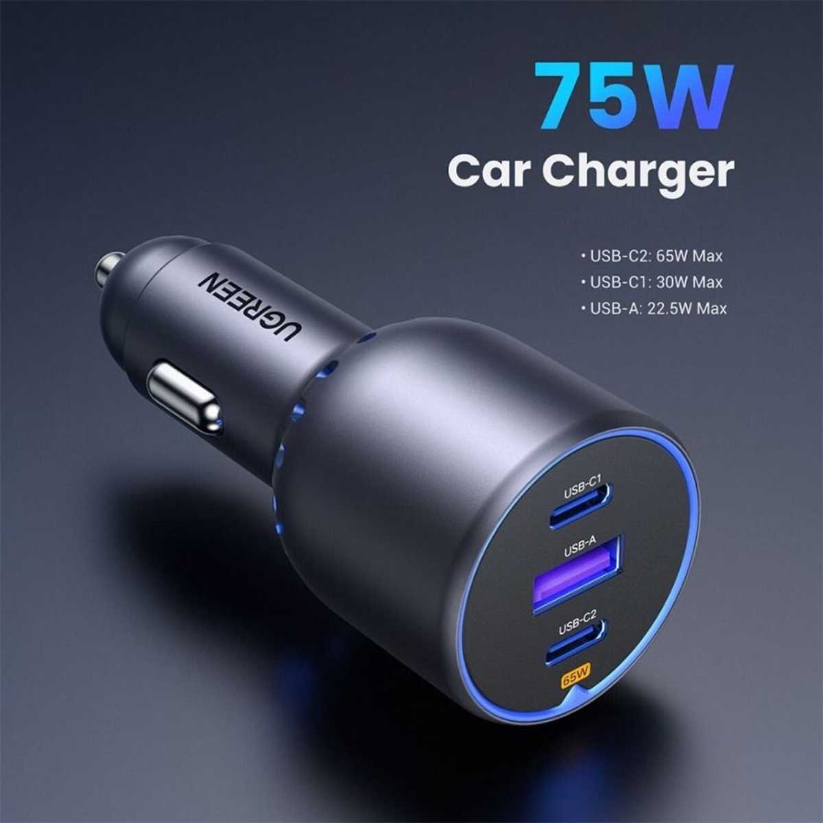 يوجرين EC703 أسود شاحن سيارة بقدرة 75W مع 3 منافذ 2C1A
