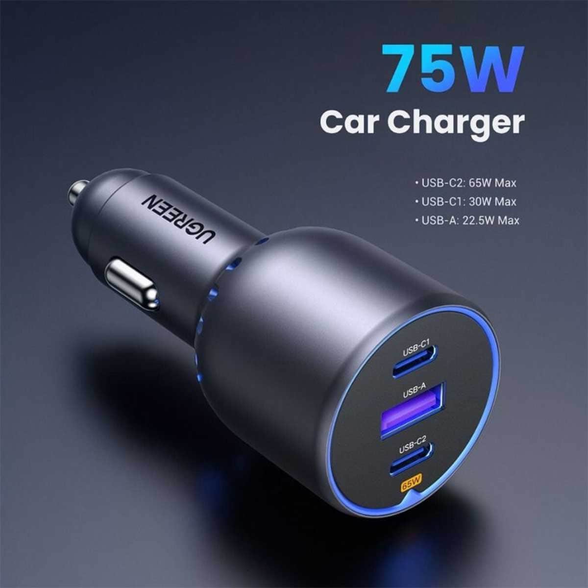 يوجرين EC703 أسود شاحن سيارة بقدرة 75W مع 3 منافذ 2C1A