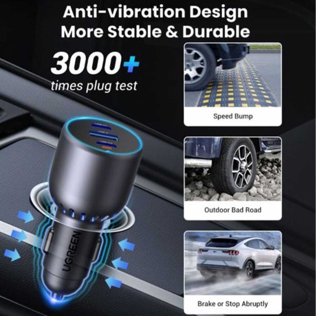يوجرين EC703 أسود شاحن سيارة بقدرة 75W مع 3 منافذ 2C1A