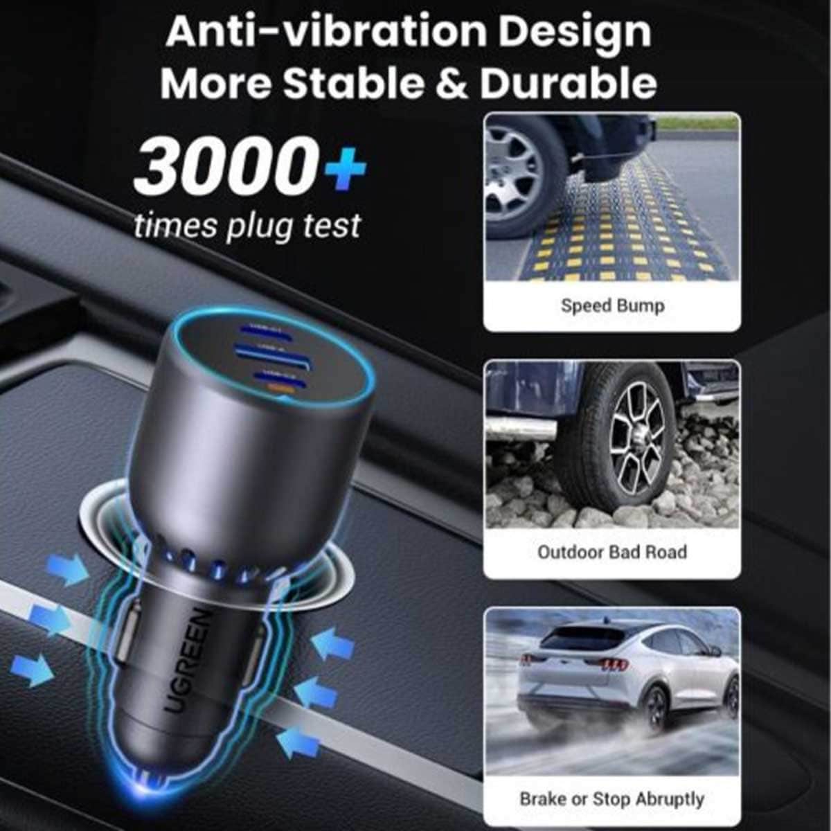 يوجرين EC703 أسود شاحن سيارة بقدرة 75W مع 3 منافذ 2C1A