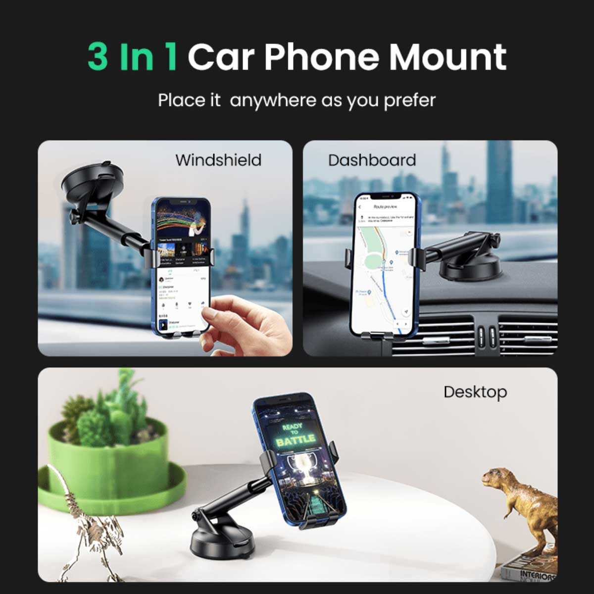 UGREEN Black LP200 60990 Suction Cup Gravity Car Phone Mount