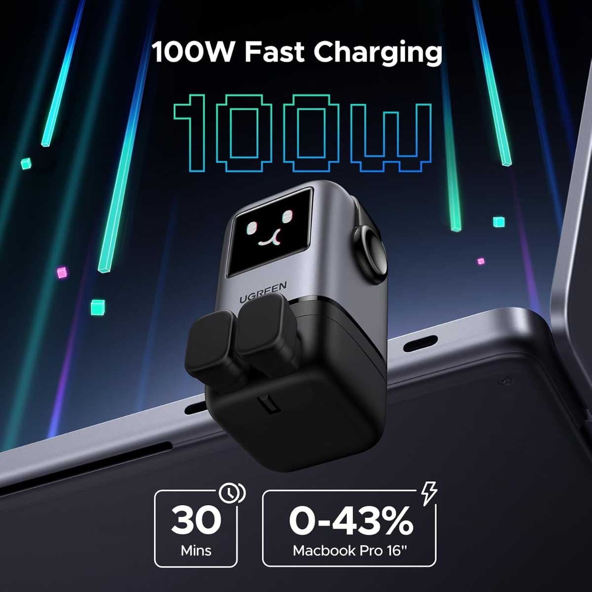 يوجرين Uno Nexode أسود شاحن حائط GaN بقدرة 100W مع 4 منافذ