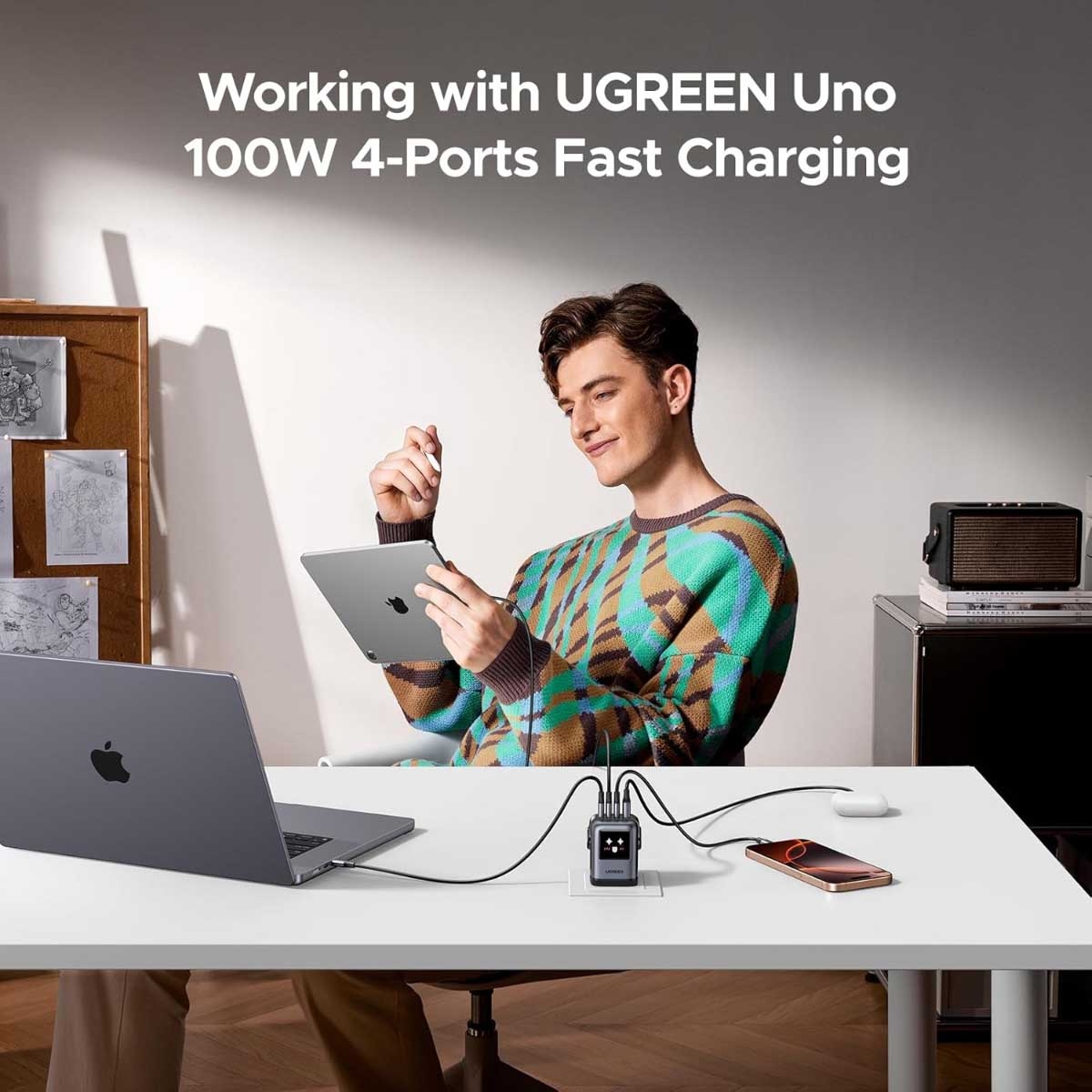يوجرين Uno Nexode أسود شاحن حائط GaN بقدرة 100W مع 4 منافذ