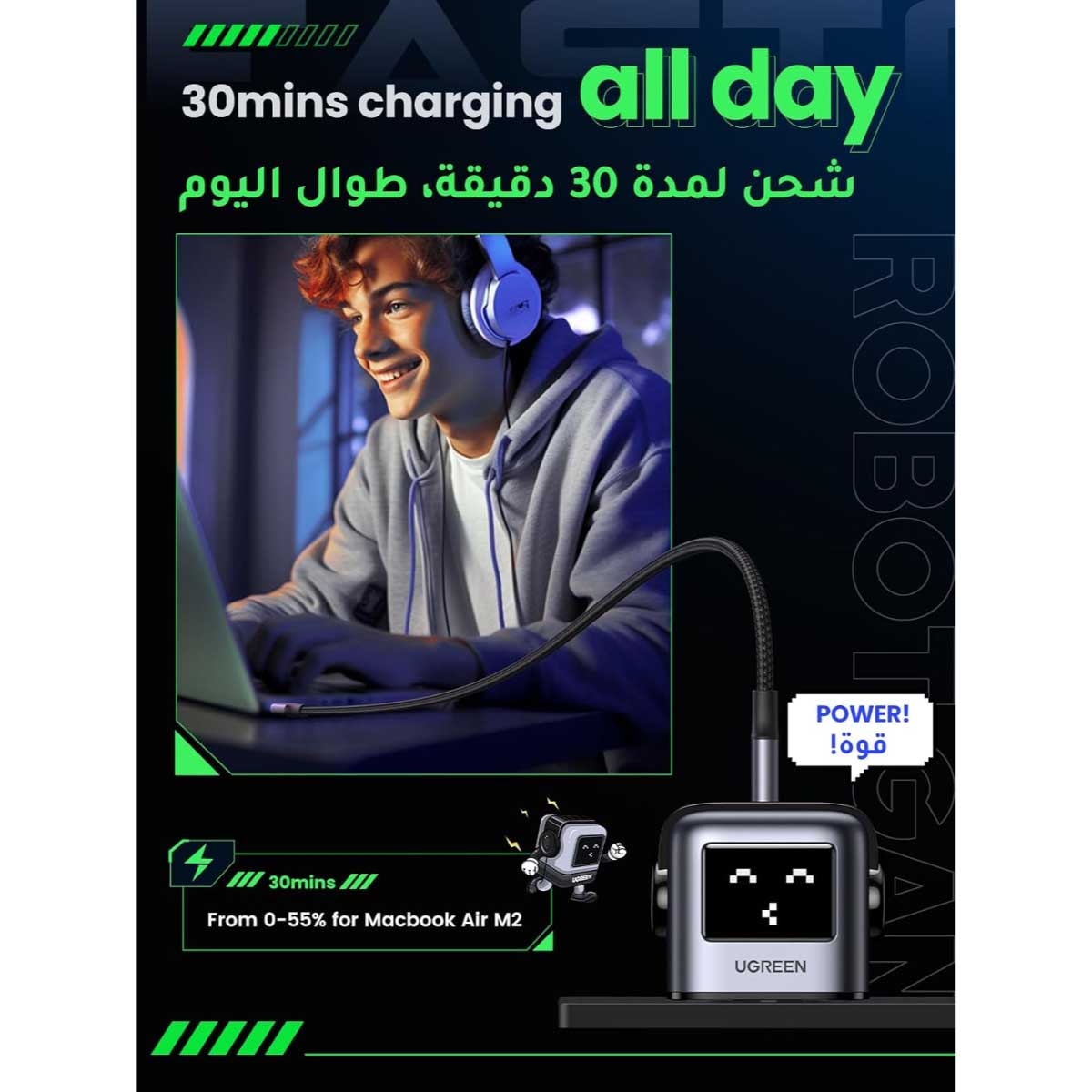 يوجرين Uno Nexode شاحن حائط GaN بقدرة 65W مع 3 منافذ