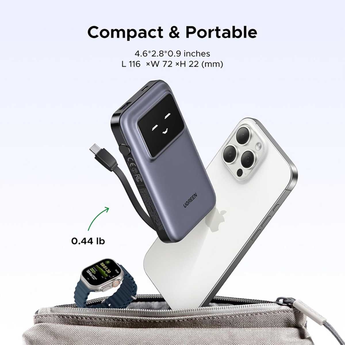 يوجرين Uno PB511 باور بانك 10000mAh بقدرة 30W مع كابل USB-C مدمج