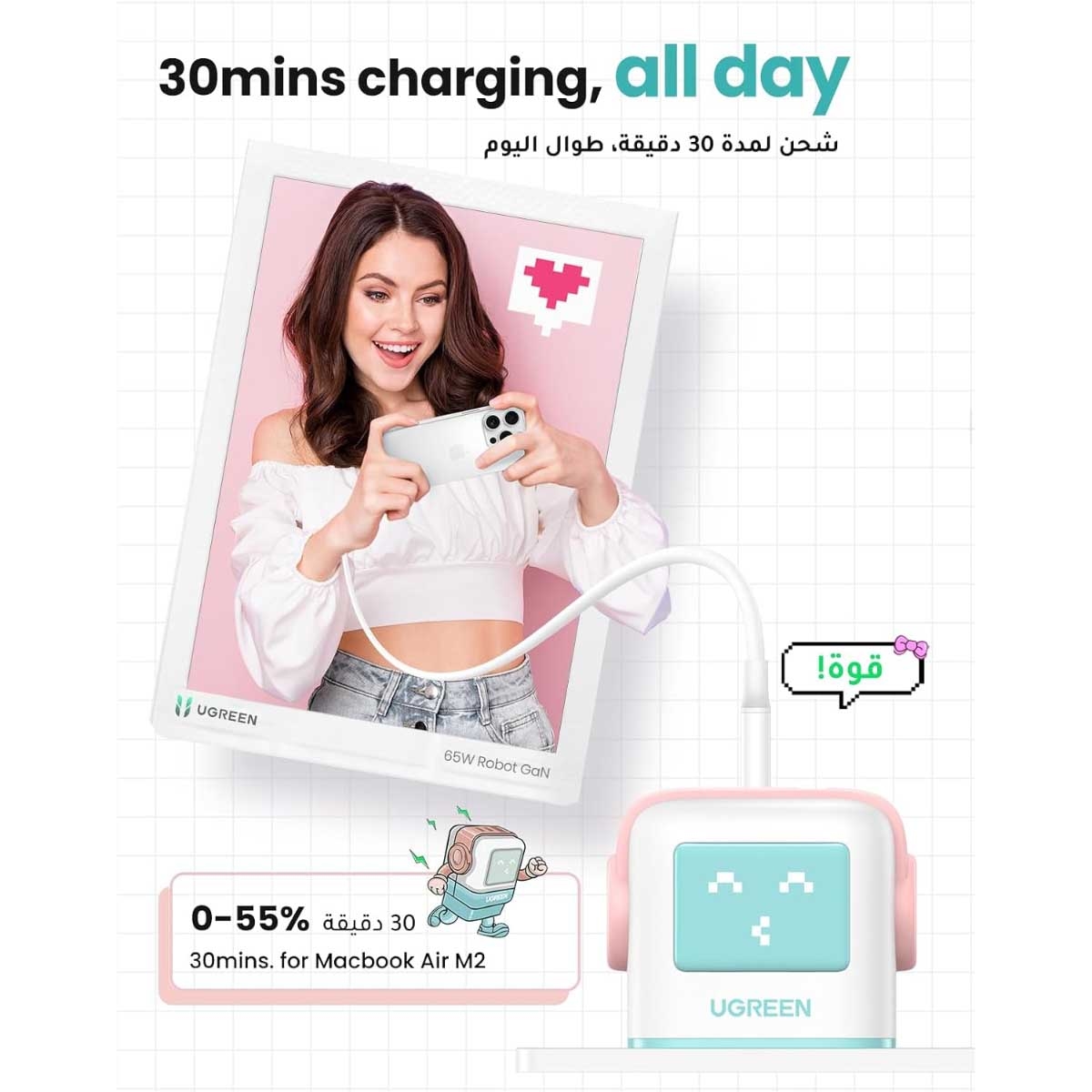 يوجرين Uno Nexode شاحن حائط GaN بقدرة 65W مع 3 منافذ