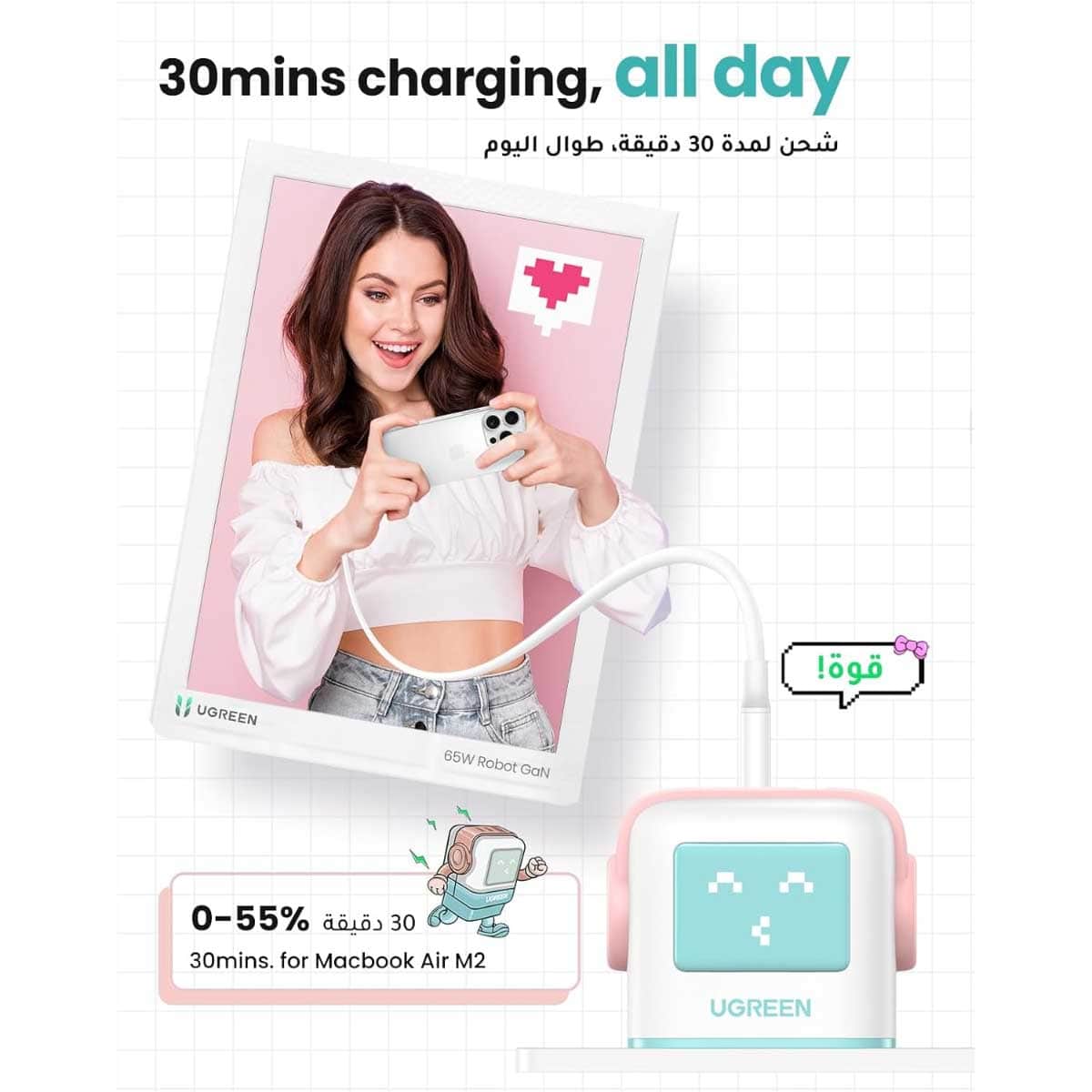 يوجرين Uno Nexode شاحن حائط GaN بقدرة 65W مع 3 منافذ