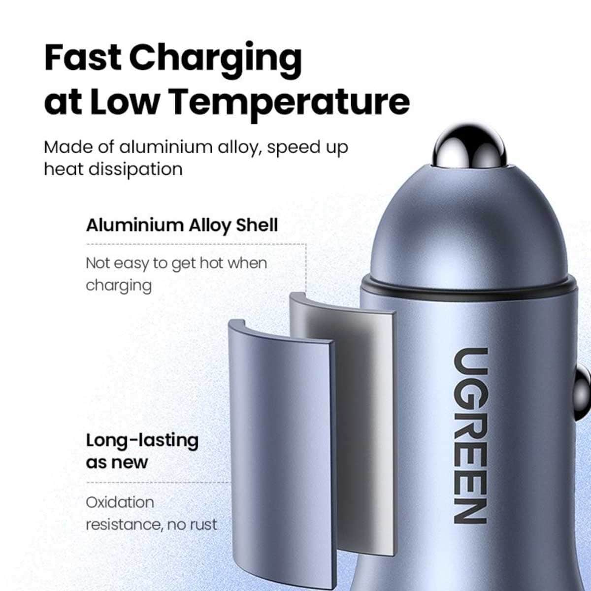 UGREEN Grey CD130 30W 2-Port USB-C/USB-A Car Charger