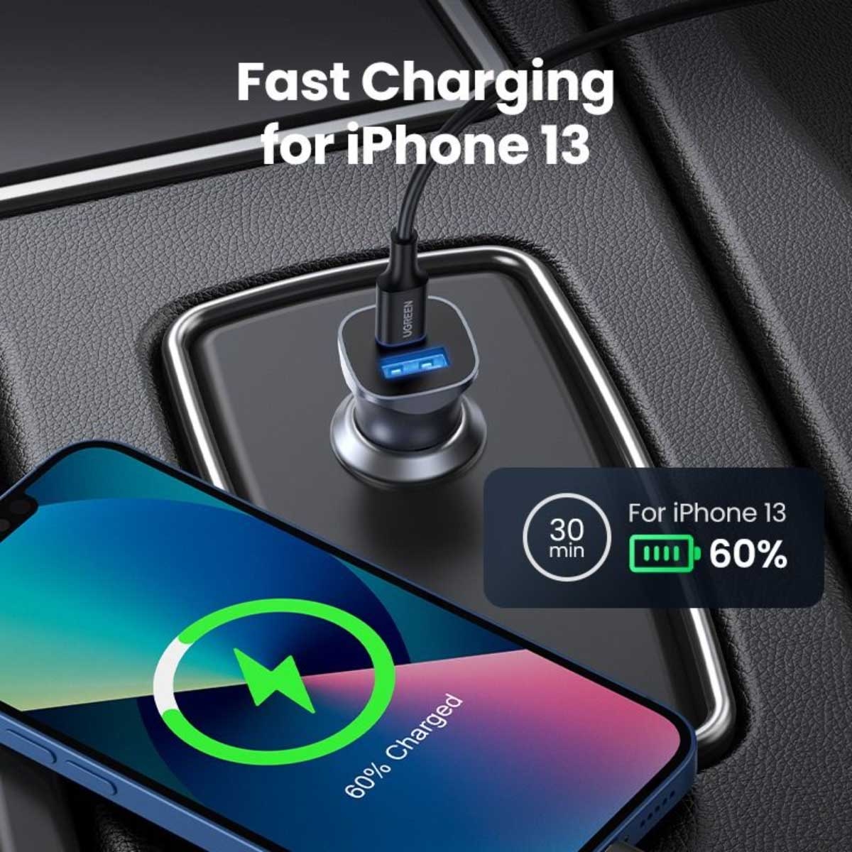 يوجرين CD130 رمادي شاحن سيارة بقدرة 30W بمنفذين USB-C وUSB-A