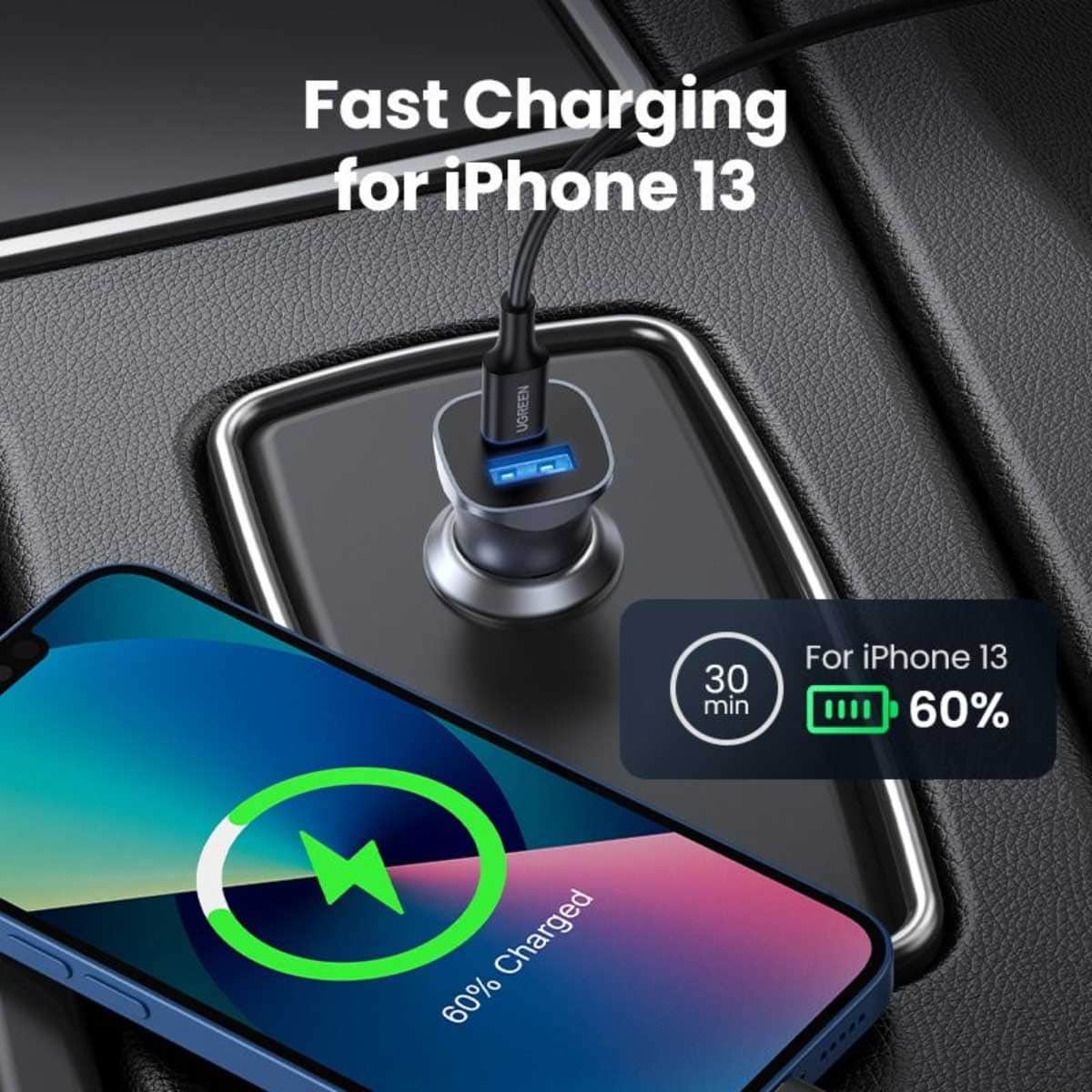 UGREEN Grey CD130 30W 2-Port USB-C/USB-A Car Charger