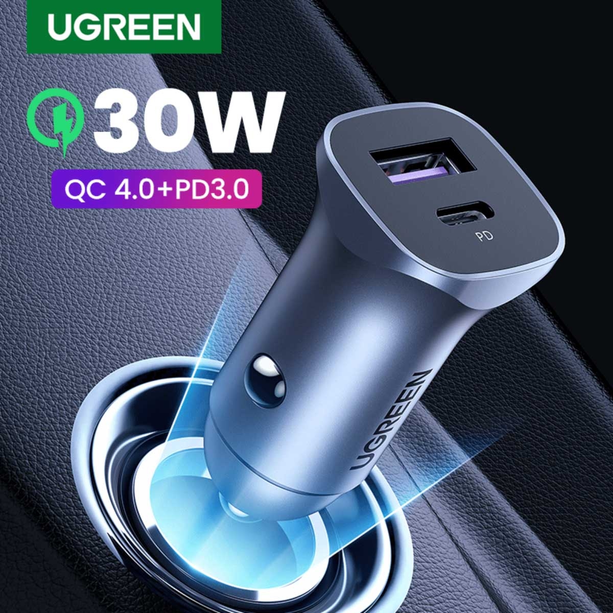 يوجرين CD130 رمادي شاحن سيارة بقدرة 30W بمنفذين USB-C وUSB-A