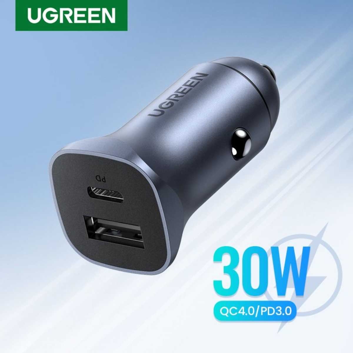 يوجرين CD130 رمادي شاحن سيارة بقدرة 30W بمنفذين USB-C وUSB-A