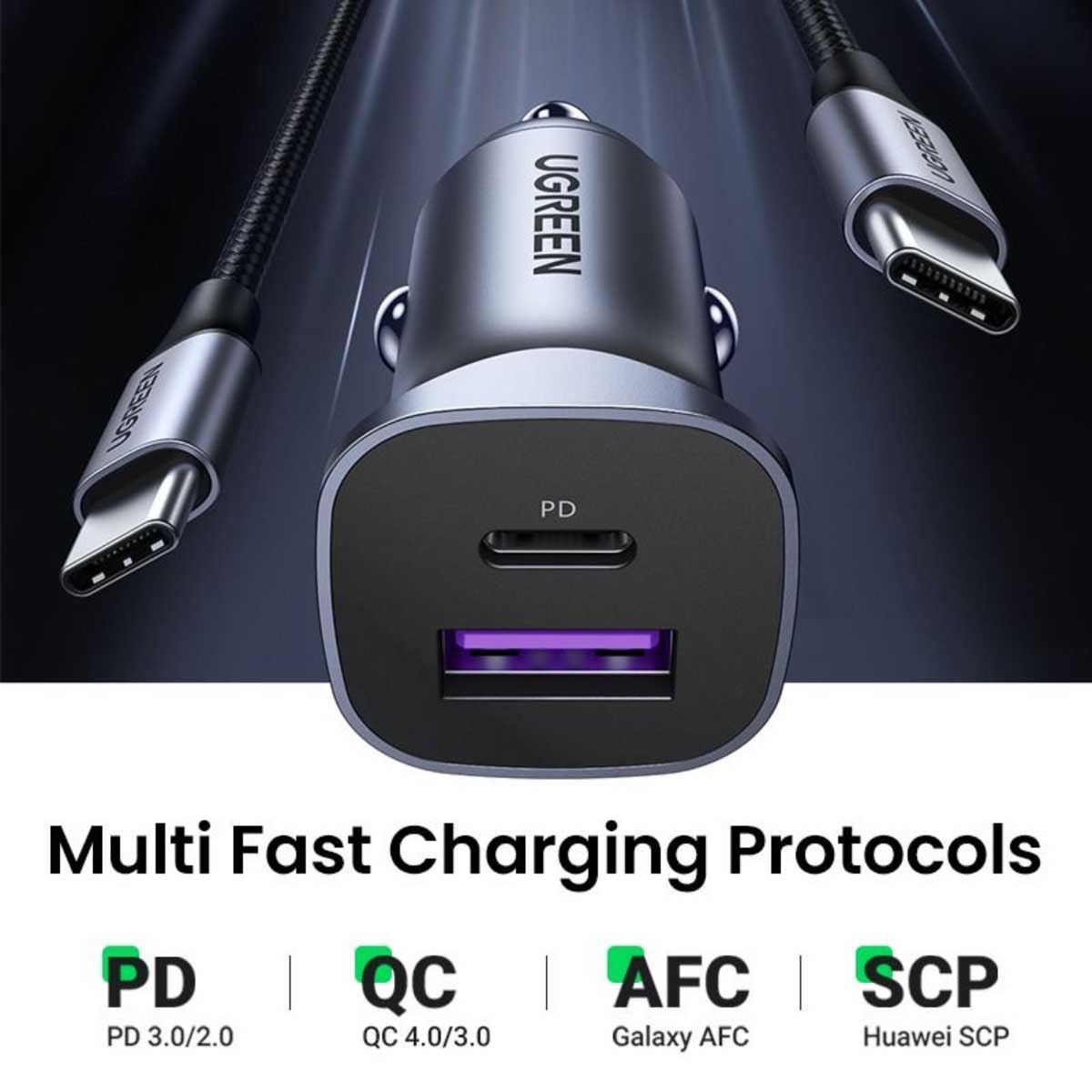 يوجرين CD130 رمادي شاحن سيارة بقدرة 30W بمنفذين USB-C وUSB-A