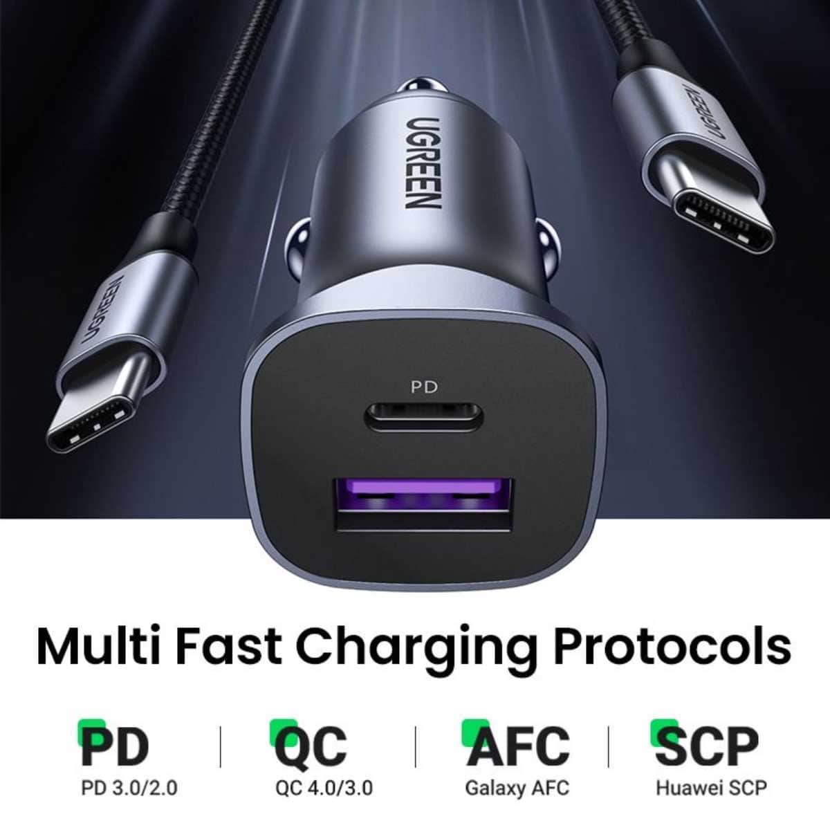 UGREEN Grey CD130 30W 2-Port USB-C/USB-A Car Charger