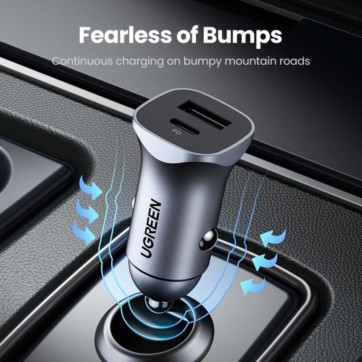 يوجرين CD130 رمادي شاحن سيارة بقدرة 30W بمنفذين USB-C وUSB-A