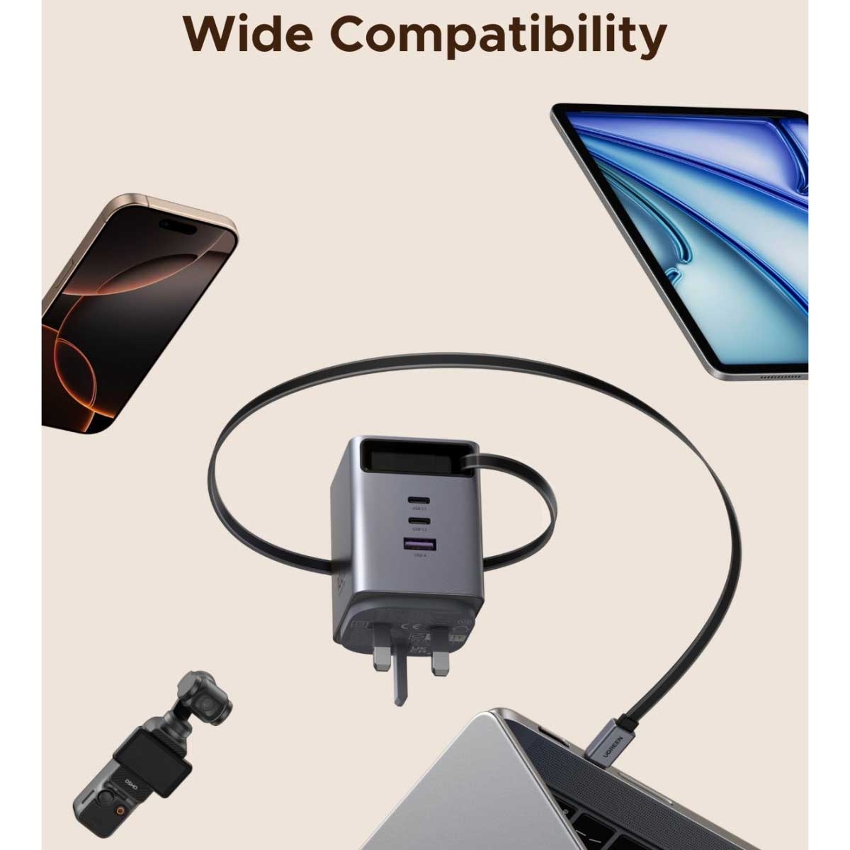 يوجرين Nexode شاحن حائط USB-C GaN بقدرة 100W مع 3 منافذ وكابل USB-C