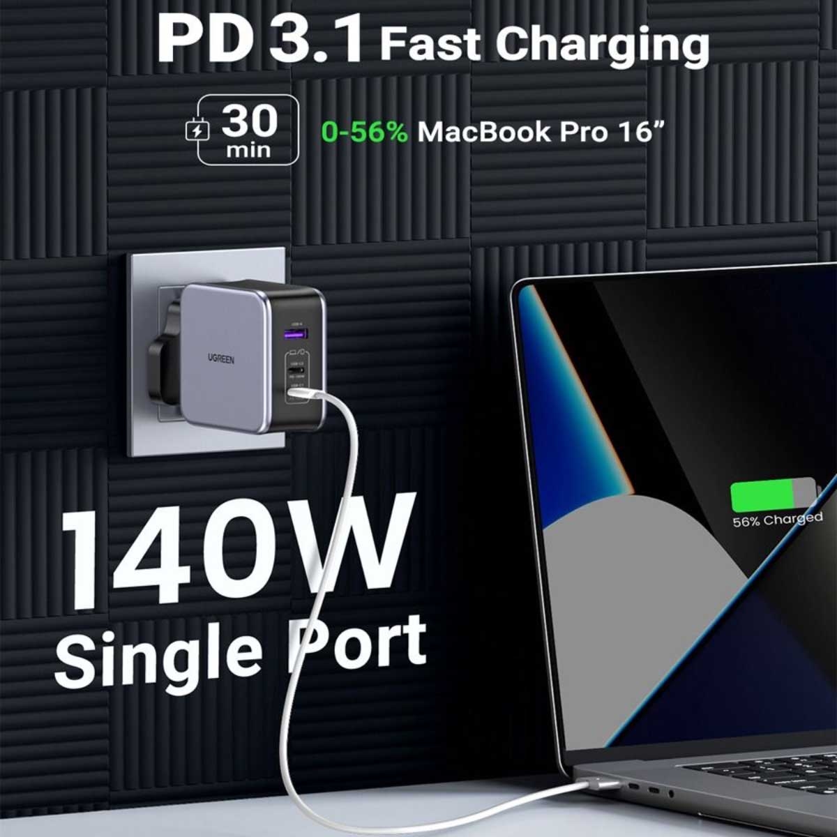 يوجرين Nexode شاحن حائط USB-C GaN بقدرة 140W مع 3 منافذ وكابل USB-C