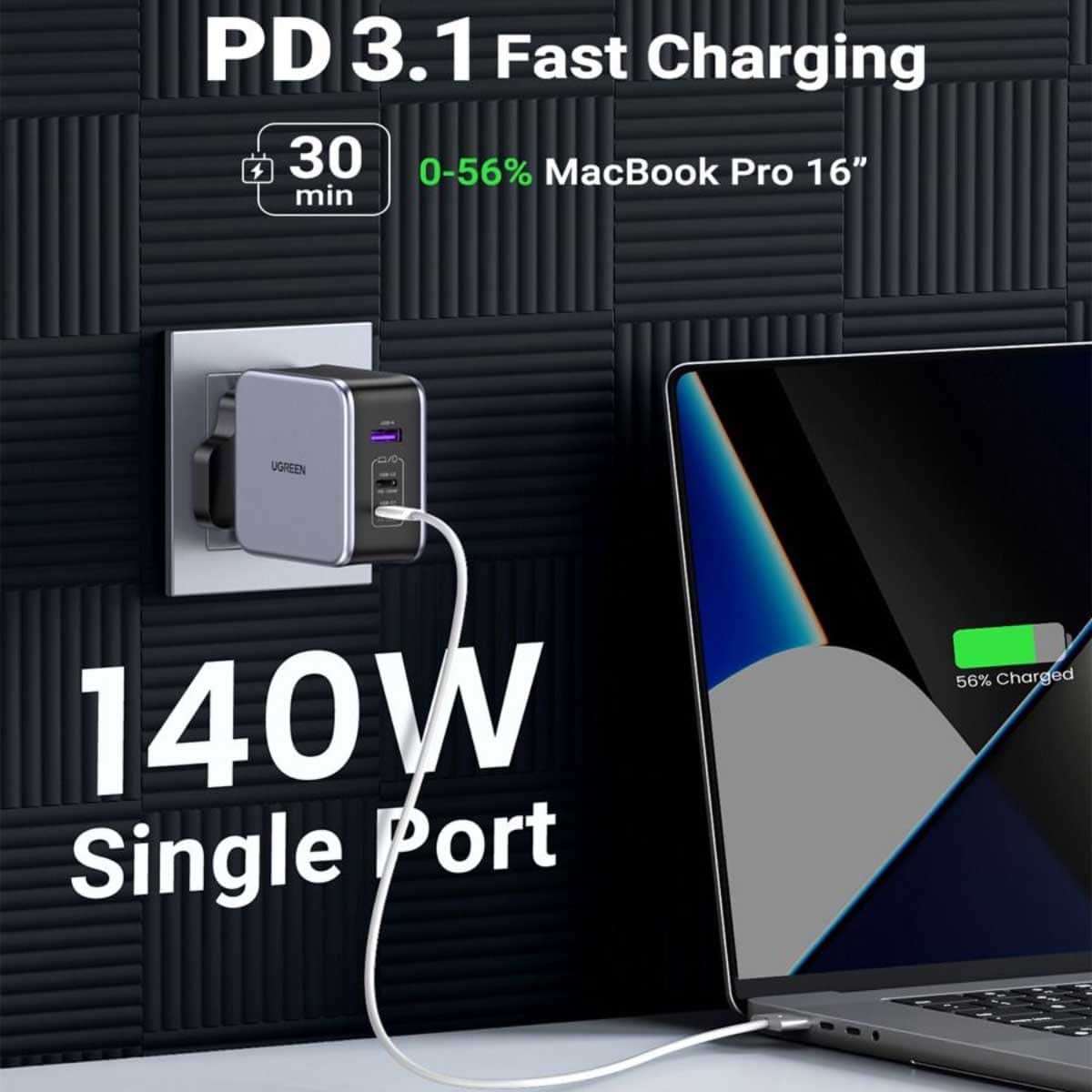 UGREEN Nexode 140W 3-Port USB-C GaN Wall Charger with USB-C Cable