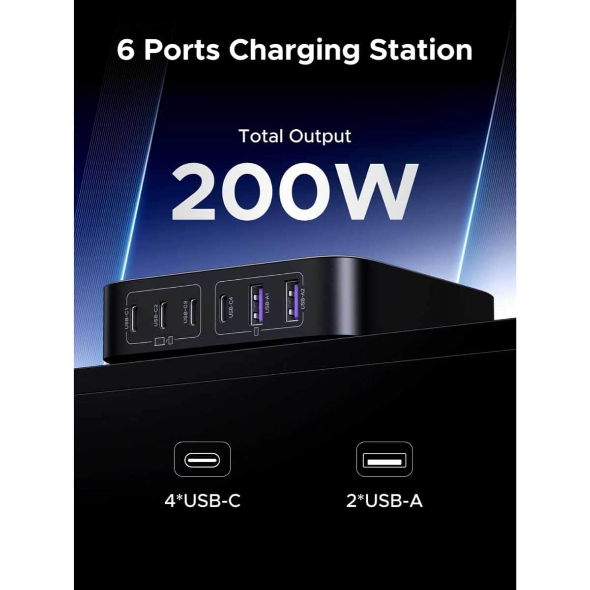 يوجرين Nexode محطة شحن USB-C GaN بقدرة 200W مع 6 منافذ وكابل USB-C