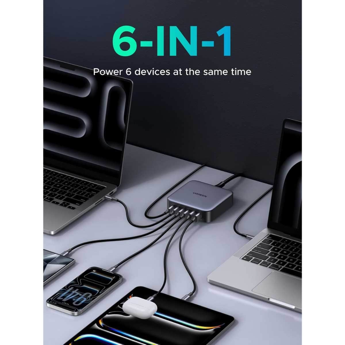 يوجرين Nexode محطة شحن USB-C GaN بقدرة 200W مع 6 منافذ وكابل USB-C