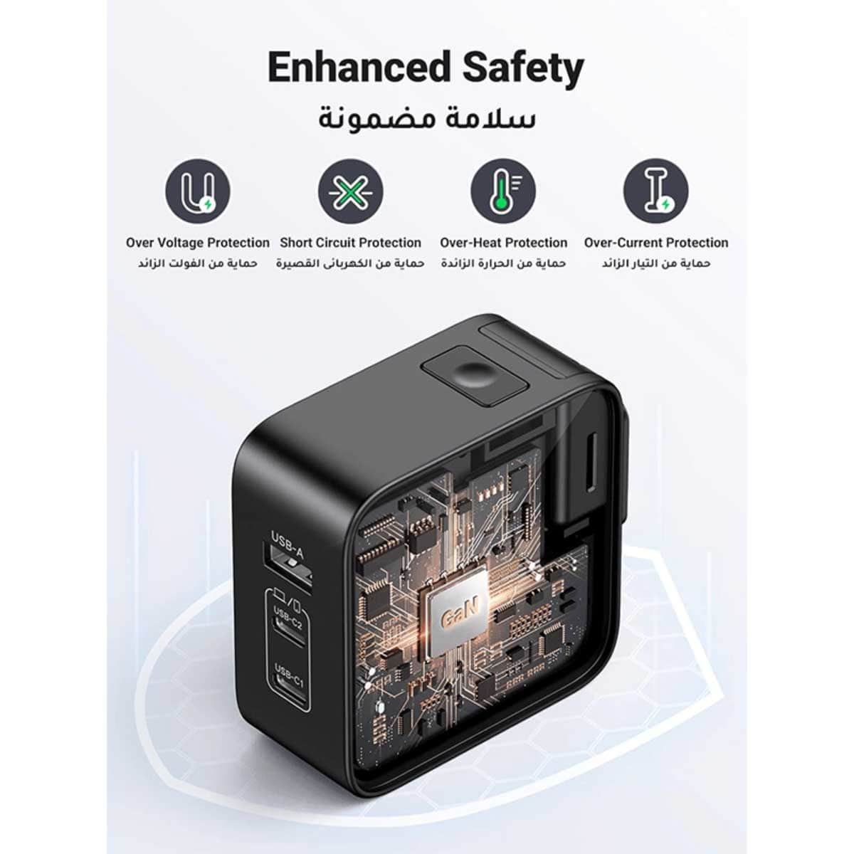 يوجرين Nexode شاحن حائط ومحول سفر عالمي GaN بقدرة 65W مع 3 منافذ