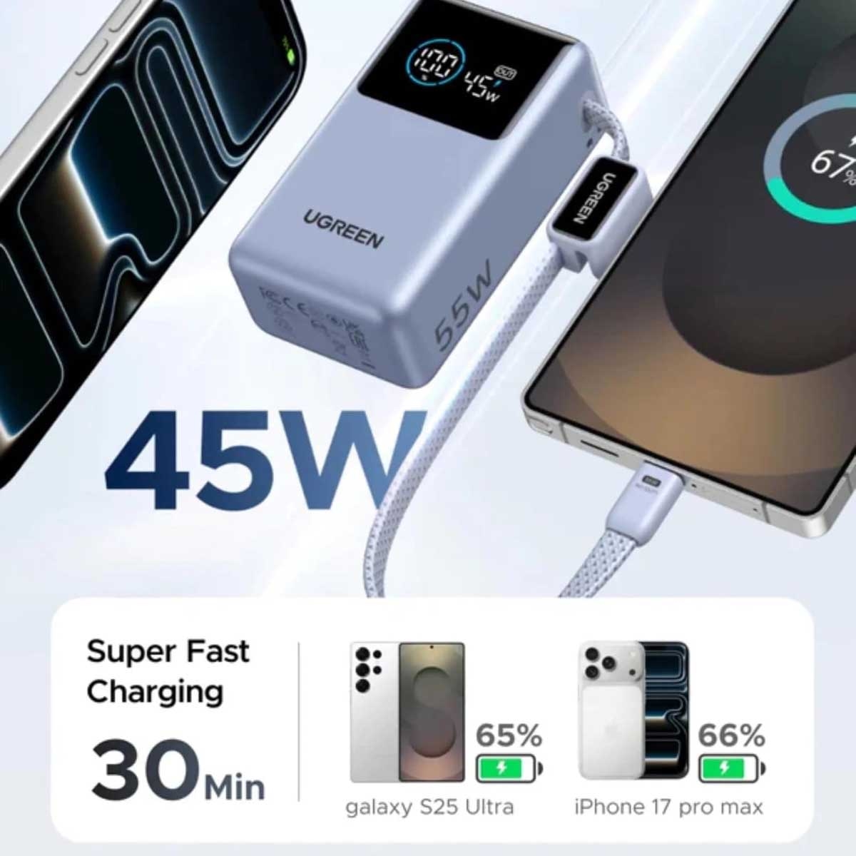 يوجرين Nexode Pro باور بانك 10000mAh بقدرة 55W مع كابل مدمج