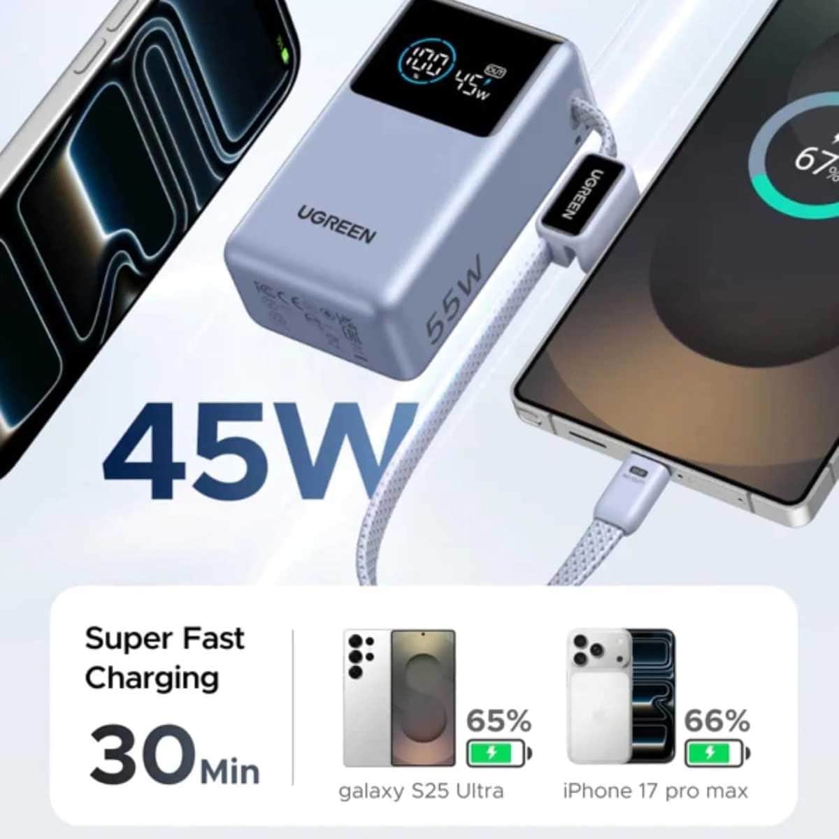 يوجرين Nexode Pro باور بانك 10000mAh بقدرة 55W مع كابل مدمج