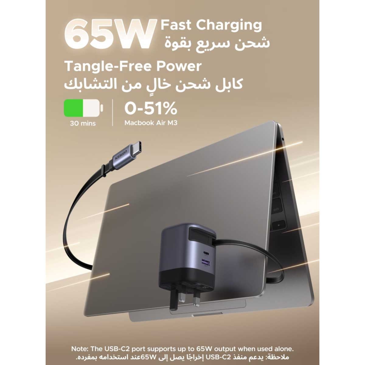 يوجرين Nexode Pro X615 شاحن حائط GaN ثنائي المنافذ بقدرة 65W مع كابل USB-C