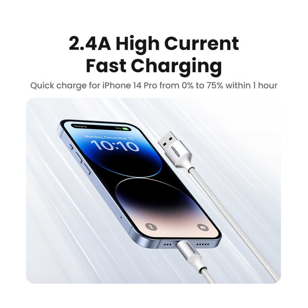 يوجرين كابل USB-A إلى Lightning فضي بطول 2m بقدرة 2.4A