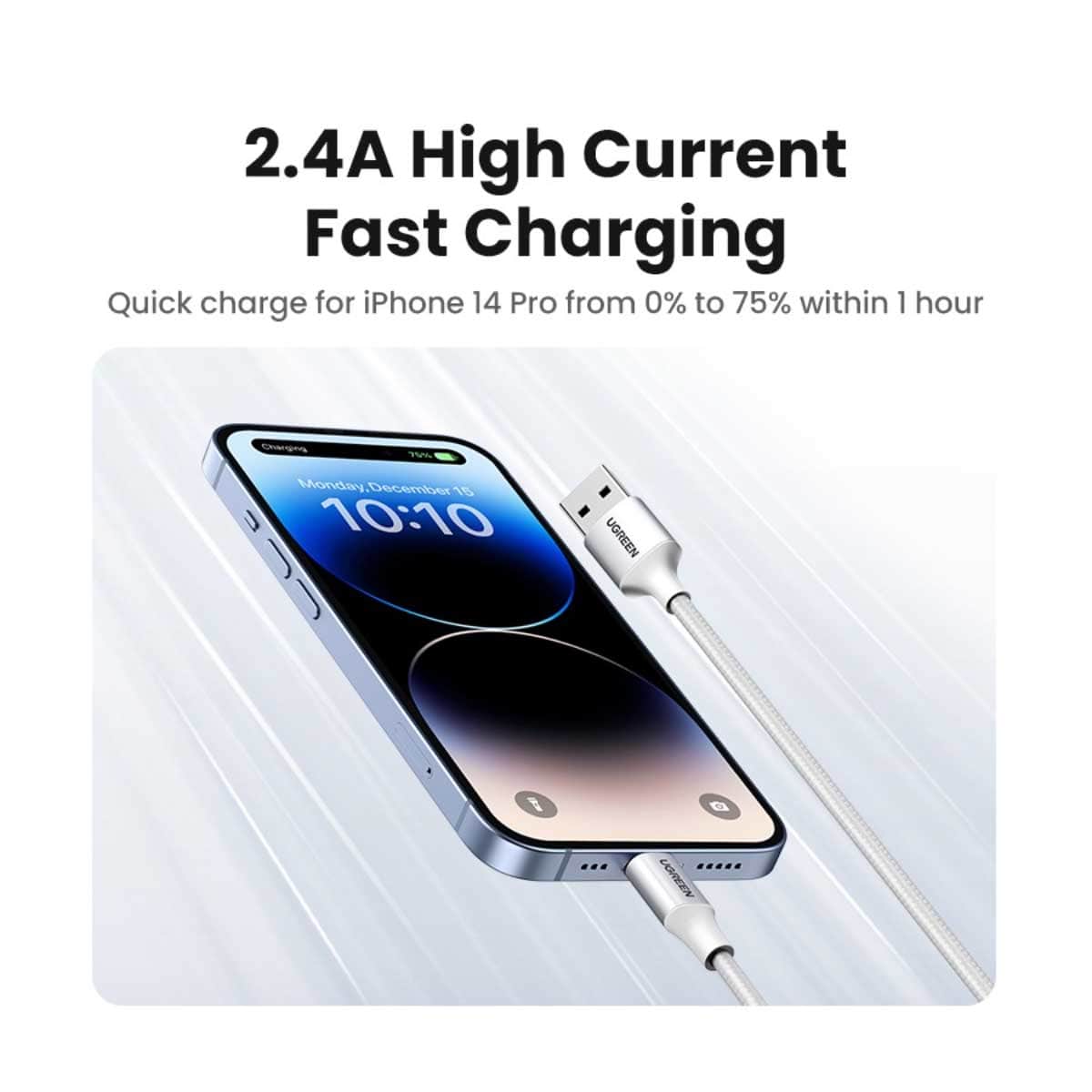 يوجرين كابل USB-A إلى Lightning فضي بطول 2m بقدرة 2.4A