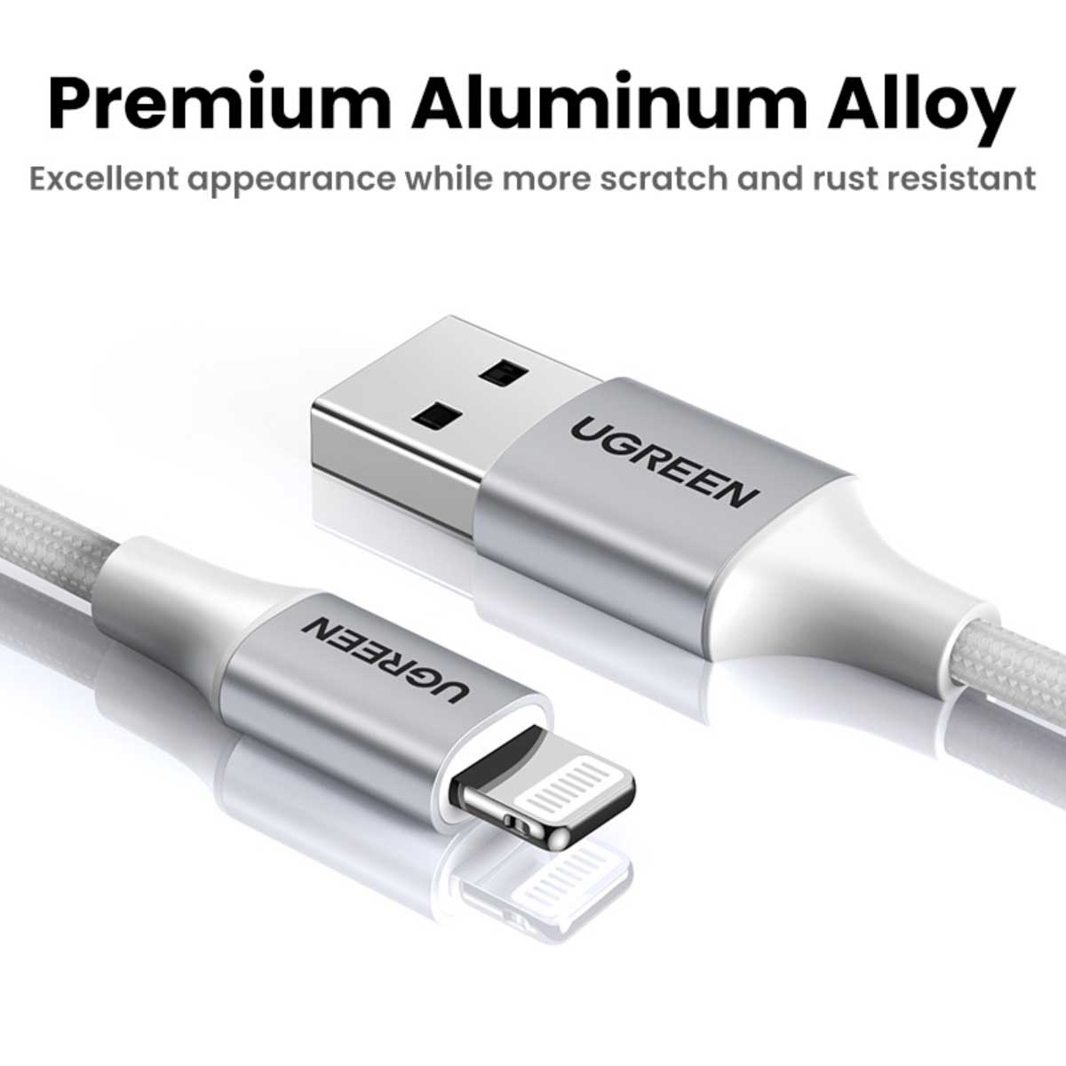 يوجرين كابل USB-A إلى Lightning فضي بطول 2m بقدرة 2.4A