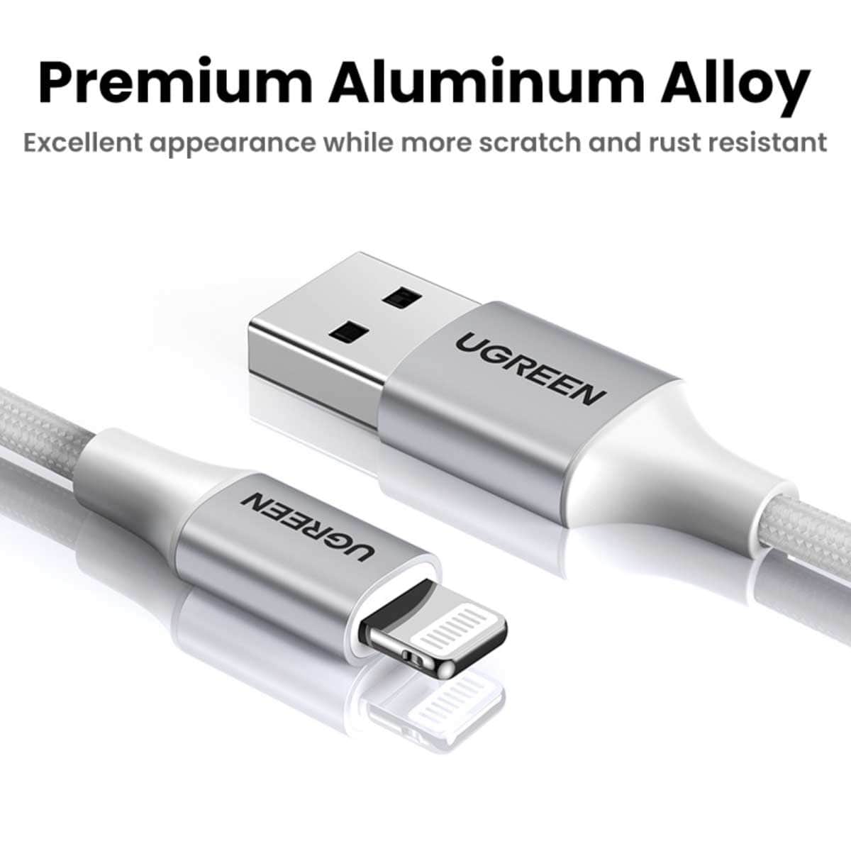 يوجرين كابل USB-A إلى Lightning فضي بطول 2m بقدرة 2.4A