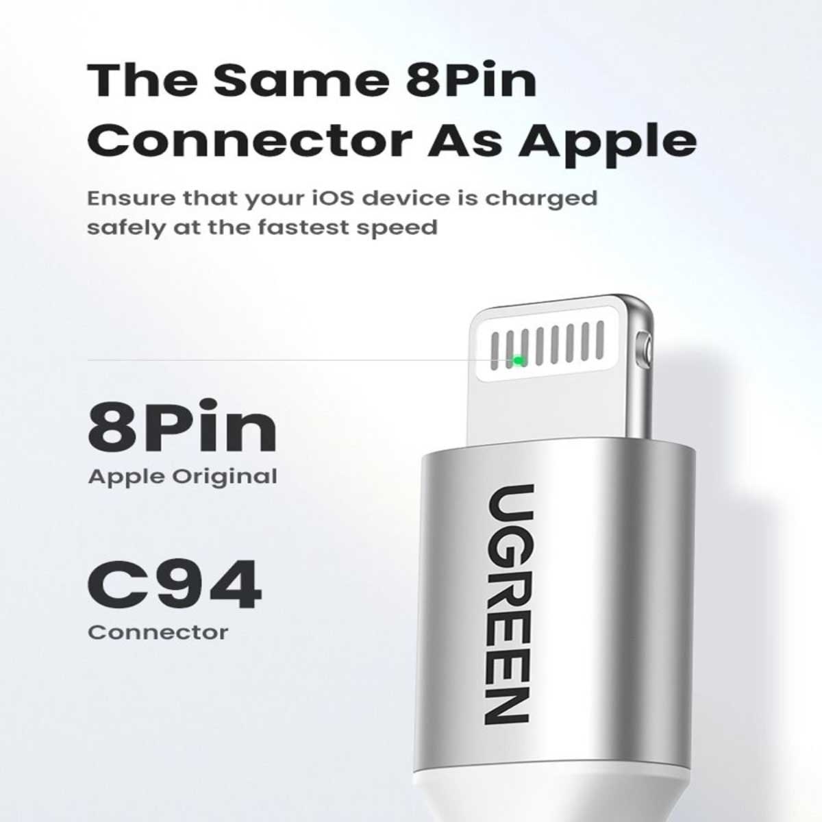 يوجرين كابل USB-C إلى Lightning فضي بطول 2m بقدرة 3A
