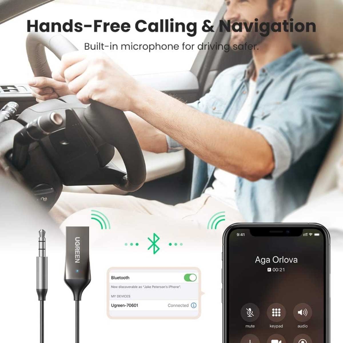 يوجرين مستقبل سيارة Bluetooth 6.0 من USB 2.0 إلى 3.5mm