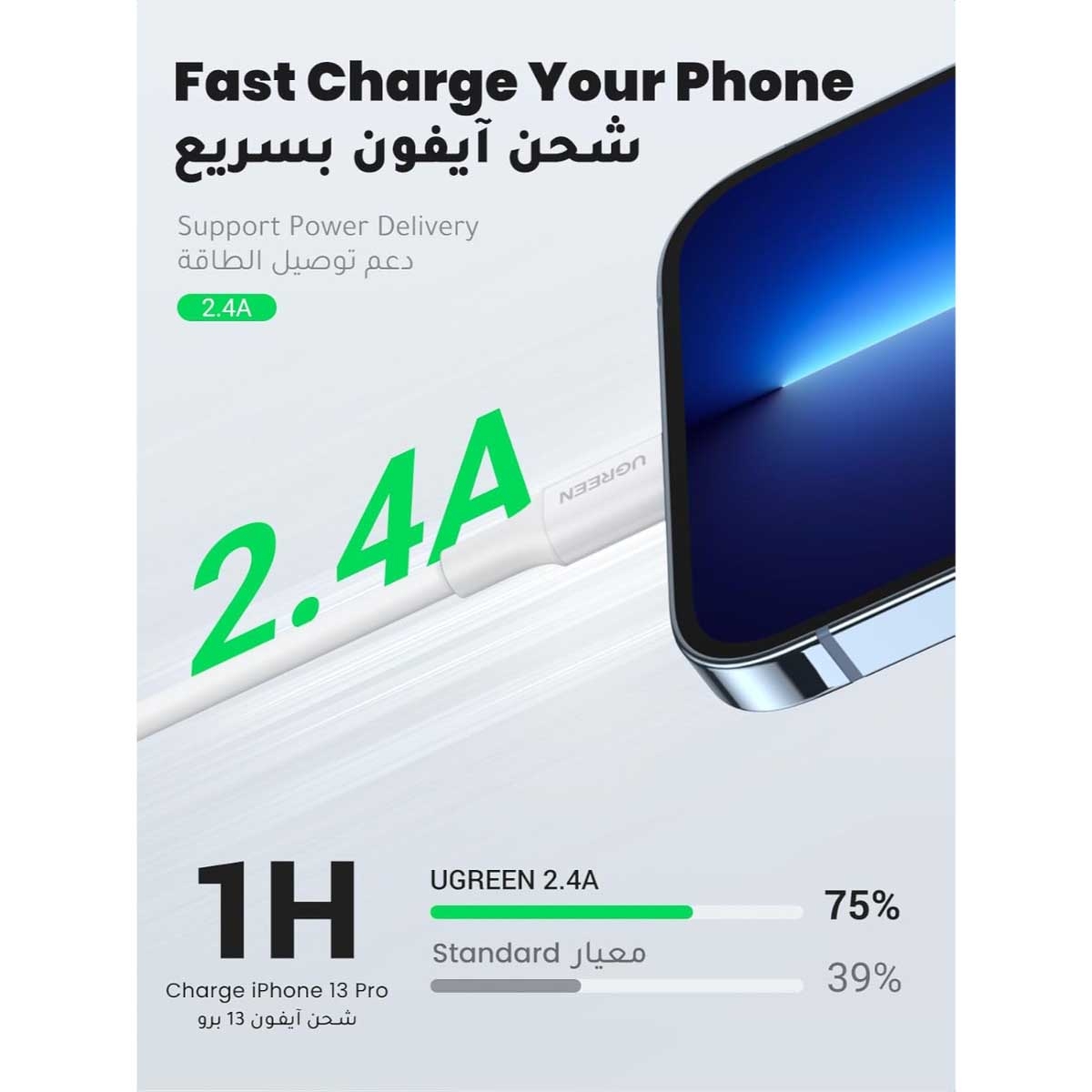 يوجرين كابل USB إلى Lightning أبيض بطول 1m بقدرة 20W