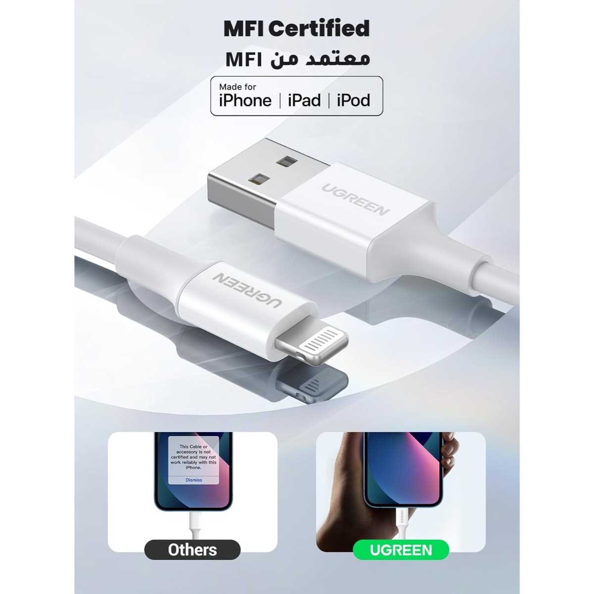 يوجرين كابل USB إلى Lightning أبيض بطول 1m بقدرة 20W
